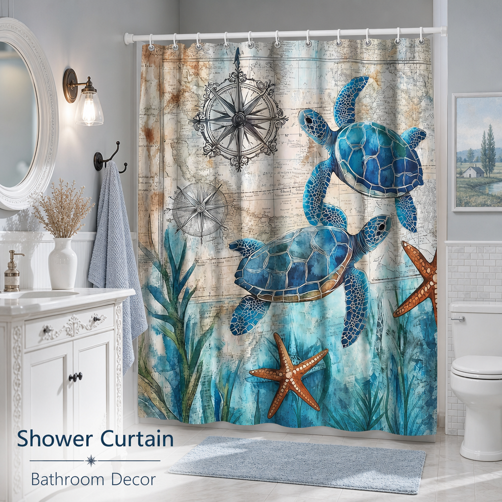 3D Printing On Fabric - Shower Curtain 1pc Nautical Map Sea